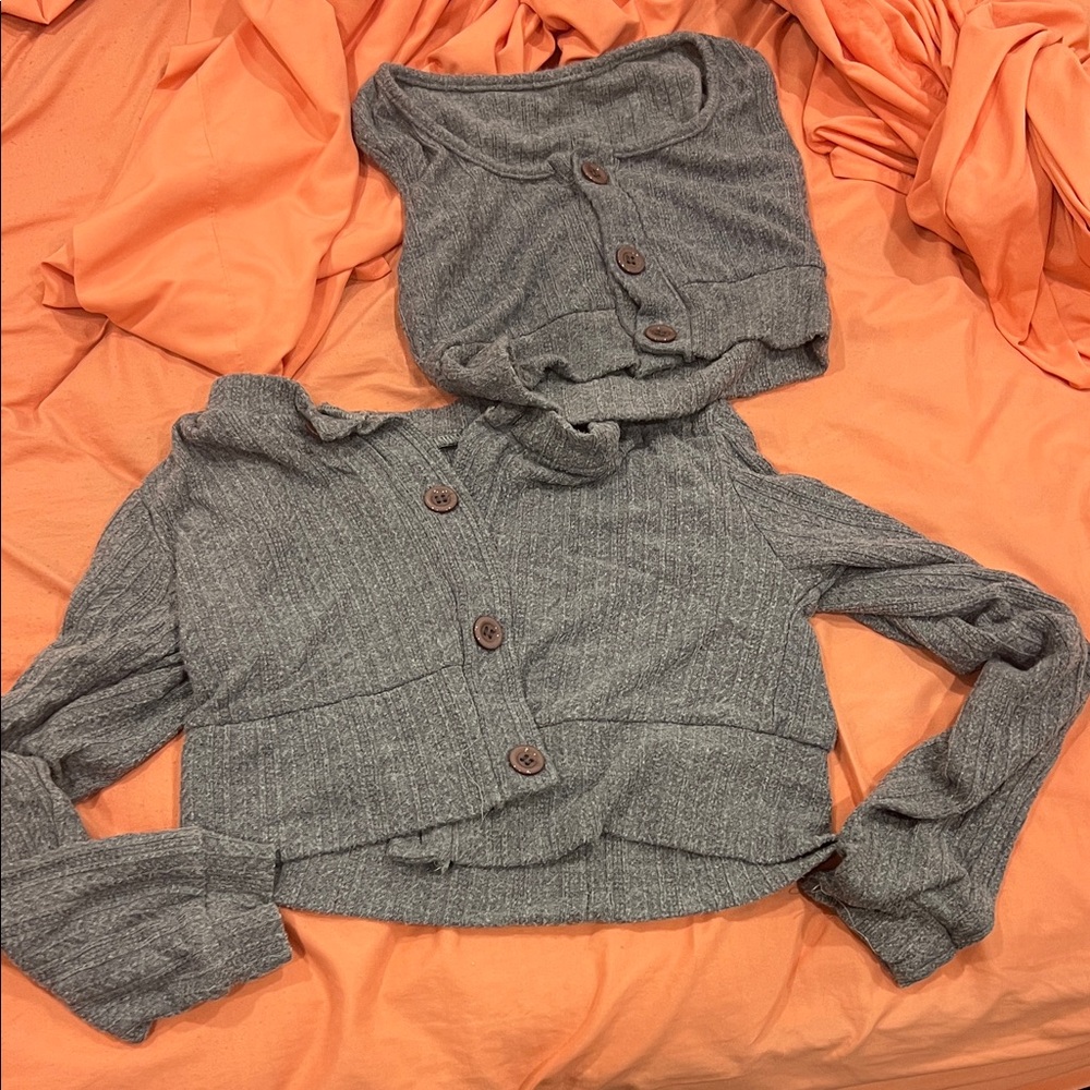Gray Button-Up Women's Cardigan Set